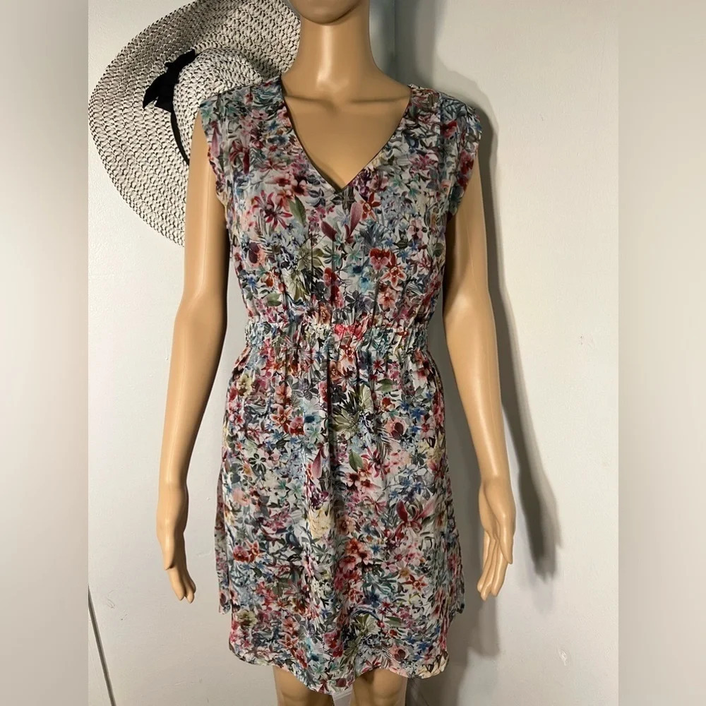 Zara Basic,S, floral gathered front,elastic waist, sheer black back panel/lining